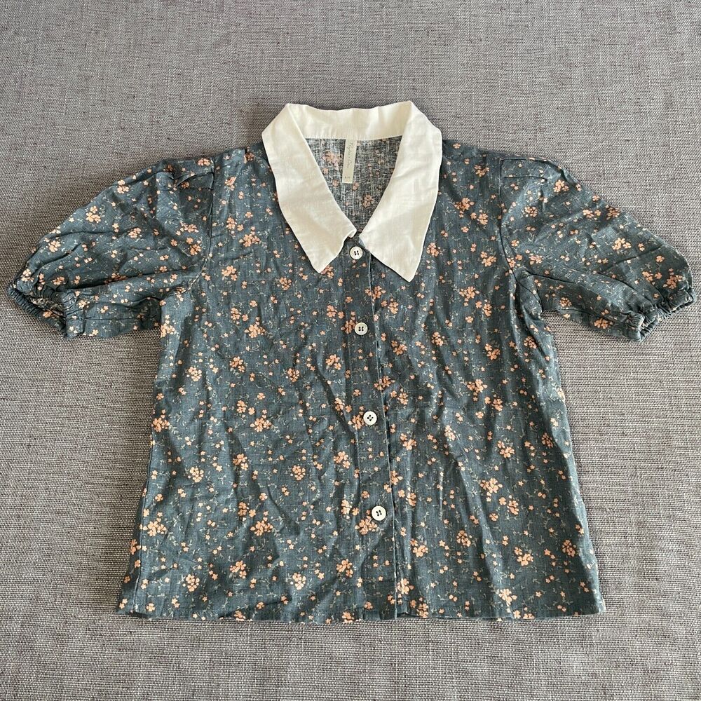 Rilee + Cru Top Girls Size 6-7 Years Dark Floral Button Up Collared Blouse
